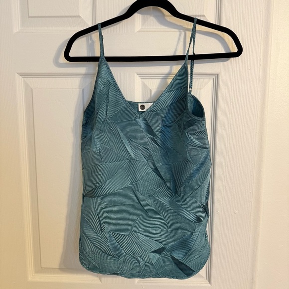 Floreat Anthropologie Teal Satin Tank Top Blouse | Textured Leaf Print Cami - Picture 2 of 5